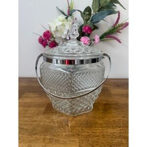 Vintage Pressed Glass Ice Bucket Diamond Cut Chrome Handle Barware Retro‎ Bar